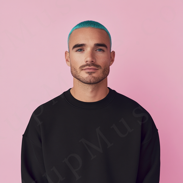Men’s black crewneck sweatshirt mockup front view - Gildan 18000 style - number 107