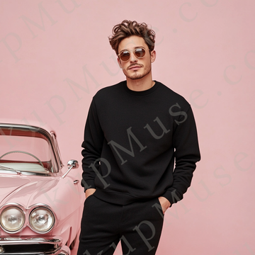 Sweatshirt Mockup – Black Crewneck, Men’s Model, Tattoos, Sunglasses