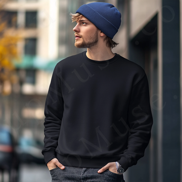 Men’s black crewneck sweatshirt mockup front view - Gildan 18000 style - number 114