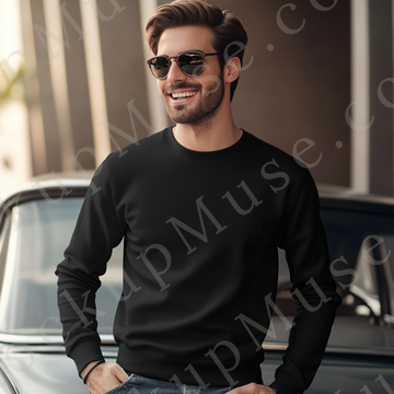 Sweatshirt Mockup – Black Crewneck, Men’s Model, Tattoos, Sunglasses