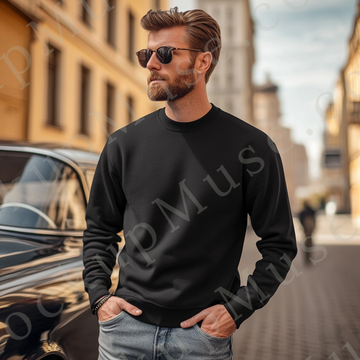 Sweatshirt Mockup – Black Crewneck, Men’s Model, Tattoos, Sunglasses