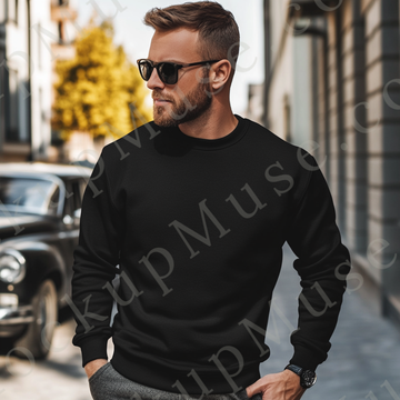 Sweatshirt Mockup – Black Crewneck, Men’s Model, Tattoos, Sunglasses
