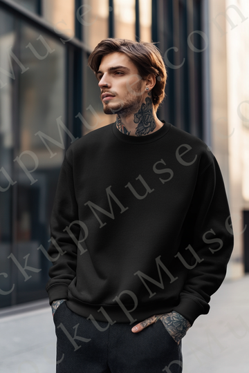 Sweatshirt Mockup – Black Crewneck, Men’s Model, Tattoos