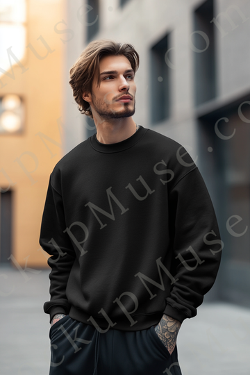 Sweatshirt Mockup – Black Crewneck, Men’s Model