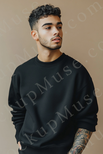 Sweatshirt Mockup – Black Crewneck, Men’s Model With Tattoos
