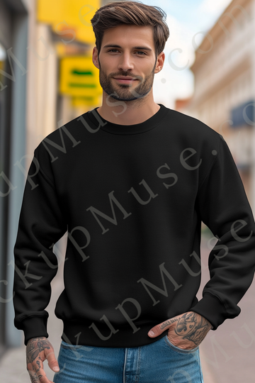 Sweatshirt Mockup – Black Crewneck, Men’s Model, Tattoos