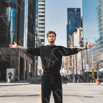 Sweatshirt Mockup – Black Crewneck, Men’s Model, Tattoos, City Street Style