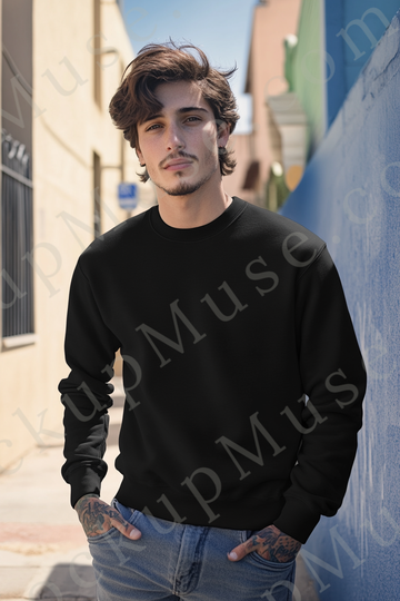 Sweatshirt Mockup – Black Crewneck, Men’s Model, Tattoos