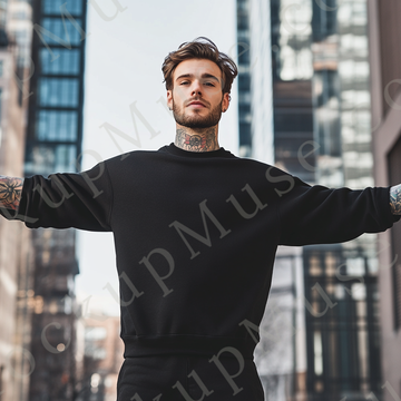 Sweatshirt Mockup – Black Crewneck, Men’s Model, Tattoos