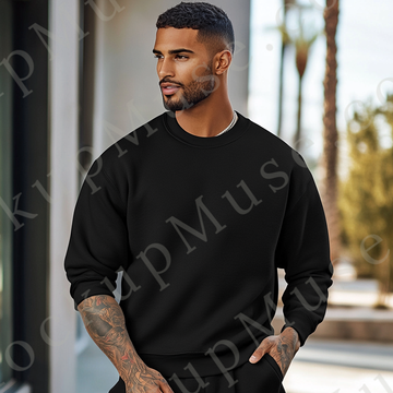 Sweatshirt Mockup – Black Crewneck, Men’s Model, Tattoos