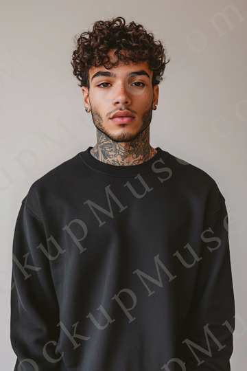 Sweatshirt Mockup – Black Crewneck, Men’s Model, Tattoos