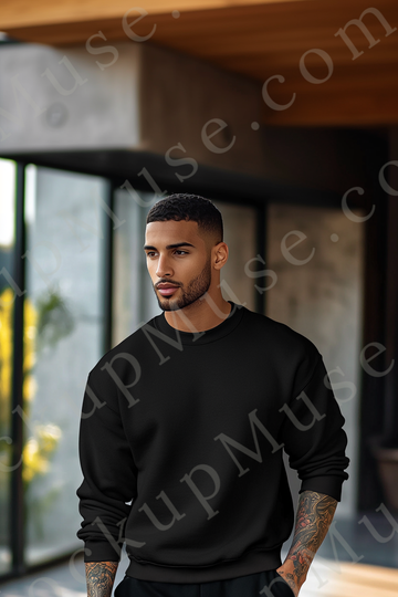Sweatshirt Mockup – Black Crewneck, Men’s Model, Tattoos