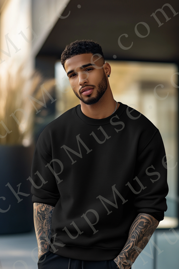 Sweatshirt Mockup – Black Crewneck, Men’s Model, Tattoos
