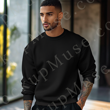 Sweatshirt Mockup – Black Crewneck, Men’s Model, Tattoos