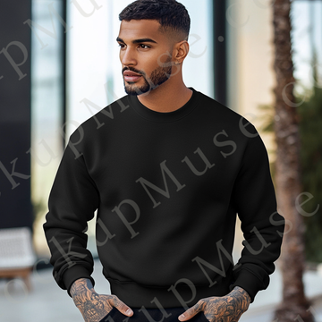 Sweatshirt Mockup – Black Crewneck, Men’s Model, Tattoos