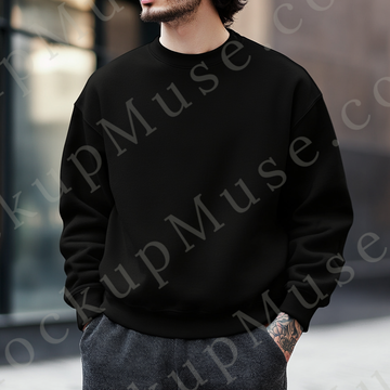 Sweatshirt Mockup – Black Crewneck, Men’s Model, Tattoos