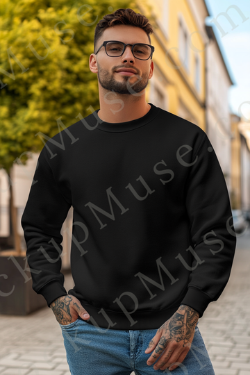 Sweatshirt Mockup – Black Crewneck, Men’s Model