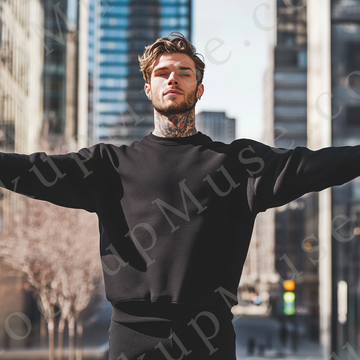 Sweatshirt Mockup – Black Crewneck, Men’s Model, City Street Style