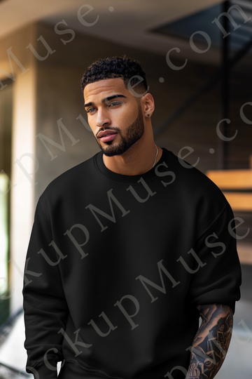 Sweatshirt Mockup – Black Crewneck, Men’s Model, Tattoos
