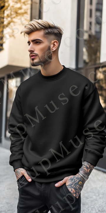 Sweatshirt Mockup – Black Crewneck, Men’s Model
