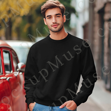 Sweatshirt Mockup – Black Crewneck, Men’s Model, European Lifestyle