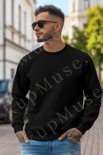 Sweatshirt Mockup – Black Crewneck, Men’s Model, Tattoos