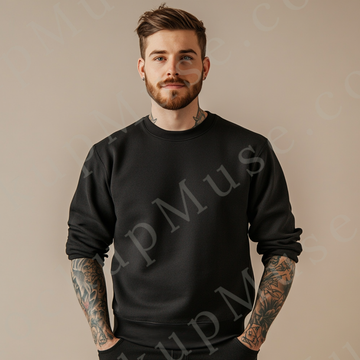 Sweatshirt Mockup – Black Crewneck, Men’s Model, Tattoos