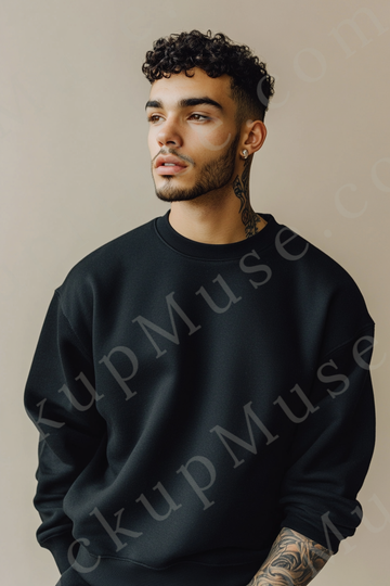 Sweatshirt Mockup – Black Crewneck, Men’s Model. With Tattoos