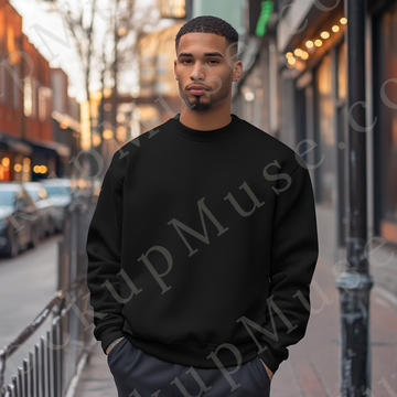 Sweatshirt Mockup – Black Crewneck, Men’s Model, Tattoos, City Street Style