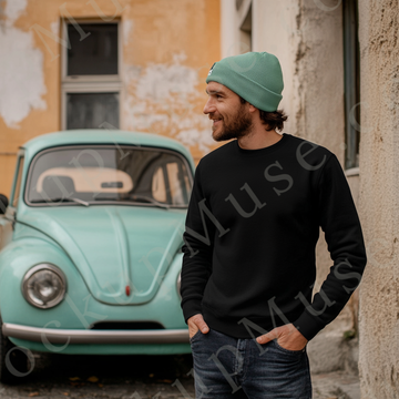 Sweatshirt Mockup – Black Crewneck, Men’s Model, Tattoos, European Lifestyle