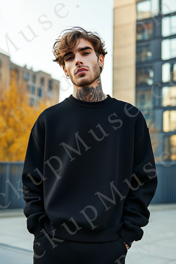 Sweatshirt Mockup – Black Crewneck, Men’s Model, Tattoos