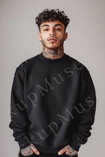 Sweatshirt Mockup – Black Crewneck, Men’s Model, Tattoos