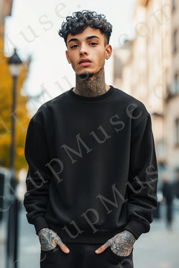 Sweatshirt Mockup – Black Crewneck, Men’s Model, Tattoos, City Street Style
