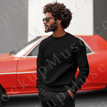 Sweatshirt Mockup – Black Crewneck, Men’s Model, Tattoos, Sunglasses