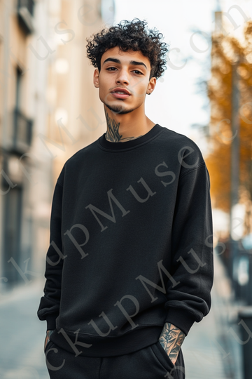 Sweatshirt Mockup – Black Crewneck, Men’s Model, Tattoos, City Street Style