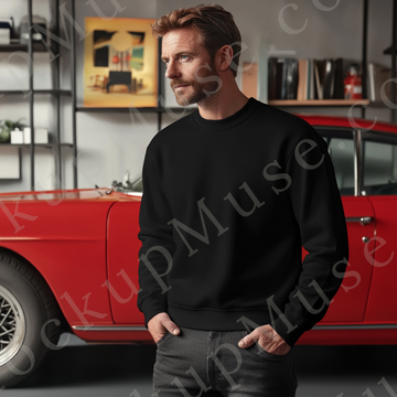 Sweatshirt Mockup – Black Crewneck, Men’s Model, Tattoos, European Lifestyle