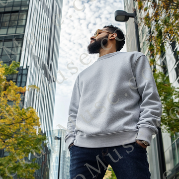 Men’s grey Gildan 18000 crewneck sweatshirt mockup, city lifestyle scene, front view, digital download.