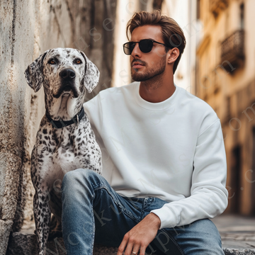Men’s white Gildan 18000 crewneck sweatshirt mockup, city lifestyle with dog, front view, digital download.