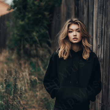 women’s black hoodie mockup, outdoor forest lifestyle scene, gildan 18500, front view, digital download for Etsy and Shopify