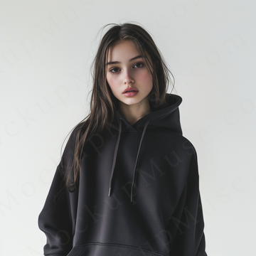 women’s black hoodie mockup, neutral gray studio scene, gildan 18500, front view, digital download for Etsy and Shopify