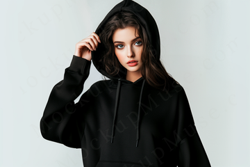 women’s black hoodie mockup, white studio scene, gildan 18500, front view, digital download for Etsy and Shopify