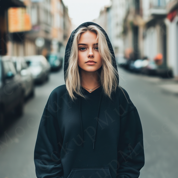 women’s black hoodie mockup, city street lifestyle scene, gildan 18500, front view, digital download for Etsy and Shopify