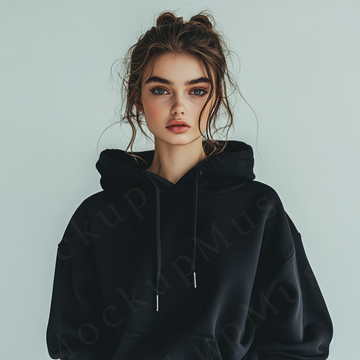 women’s black hoodie mockup, white studio scene, gildan 18500, front view, digital download for Etsy and Shopify