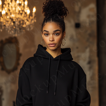 women’s black hoodie mockup, chandelier interior lifestyle scene, gildan 18500, front view, digital download for Etsy and Sho