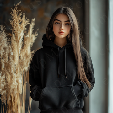women’s black hoodie mockup, pampas lifestyle scene, gildan 18500, front view, digital download for Etsy and Shopify