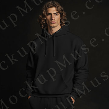Men’s black Gildan 18500 hoodie mockup, studio scene, front view, digital download.