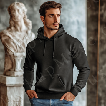 Men’s black Gildan 18500 hoodie mockup, city lifestyle scene, front view, digital download.