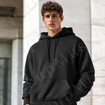 Men’s black Gildan 18500 hoodie mockup, city lifestyle scene, front view, digital download.