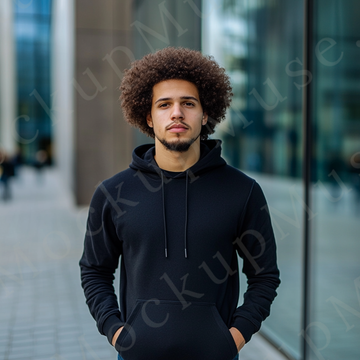 Hoodie Mockup – Black Pullover (Gildan 18500 fit), Men's, Studio Scene, Front View