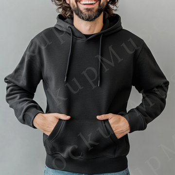 Hoodie Mockup – Black Pullover (Gildan 18500 fit), Men's, Studio Scene, Front View